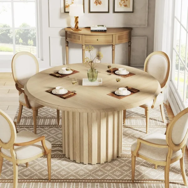 Round Farmhouse Dining Table – Solid Wood Kitchen Table for 4 with Metal Base